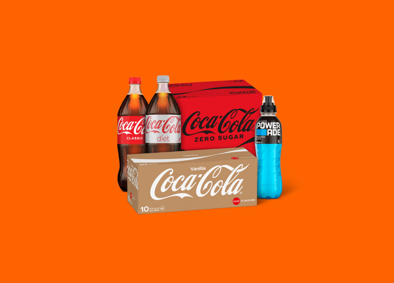 A selection of Coca-Cola products, including bottles of Coca-Cola Classic and Diet Coke, a case of Coca-Cola No Sugar, a case of Vanilla Coca-Cola, and a Powerade drink.