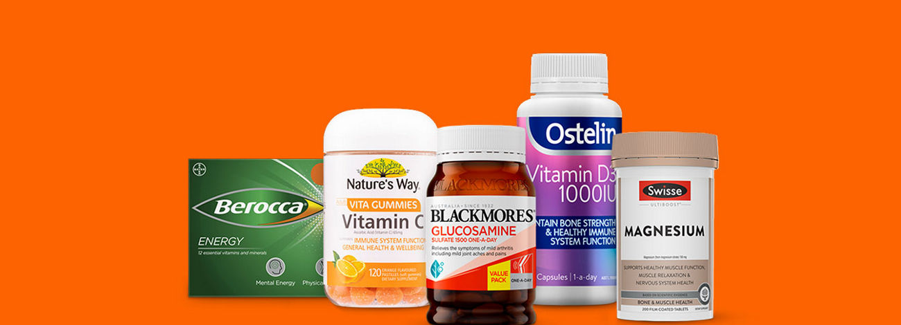 A selection of five different supplement bottles and packages, including Berocca, Nature's Way Vitamin C, Blackmores Glucosamine, Ostelin Vitamin D3, and Swisse Magnesium.