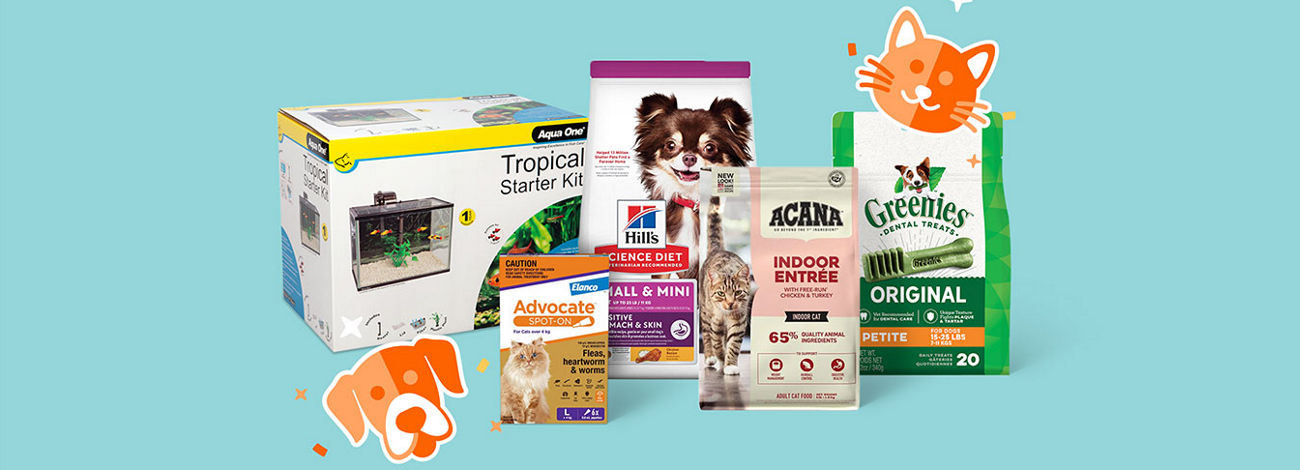 An assortment of pet care products including a tropical fish starter kit, Hill's Science Diet dog food, Acana cat food, Greenies dental treats and Advocate flea treatment.
