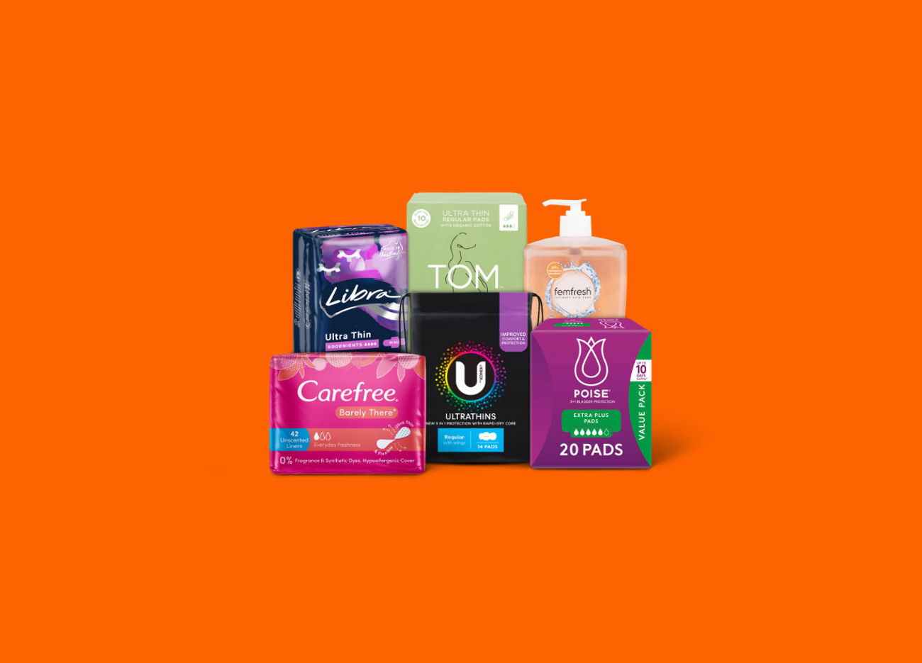 A variety of feminine hygiene products, including pads, liners, and feminine wash.
