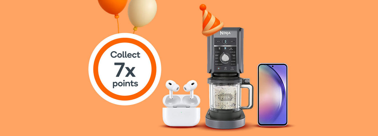 A pair of Airpods, A Ninja blender and a smartphone on an orange background.