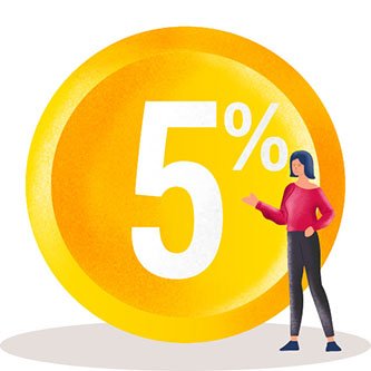 A woman stands beside a large 5 percent coin