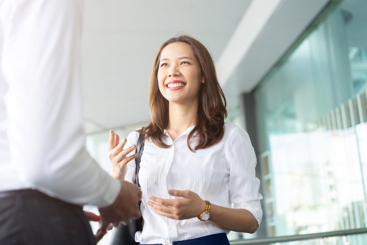 Young lady introducing herself at work  
