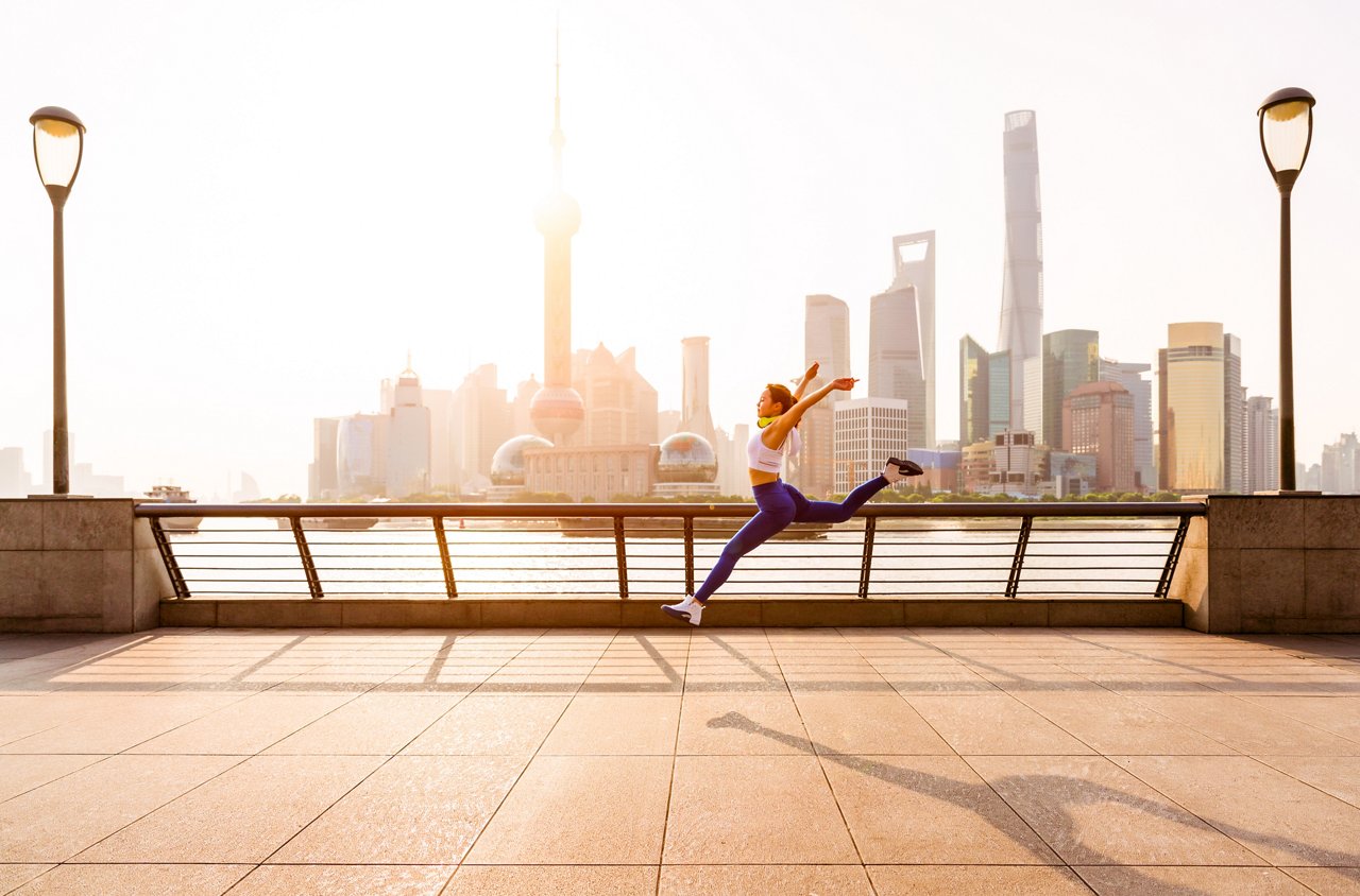 Young women exercise on the bund,Shanghai.