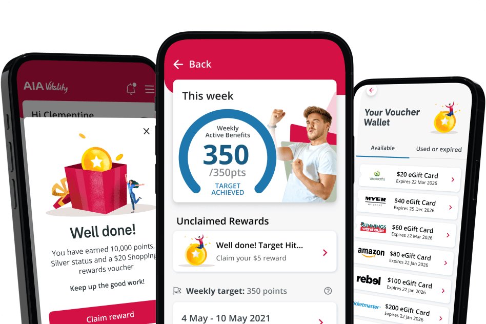 AIA Vitality app displays silver status reward message, unclaimed rewards and voucher wallet.