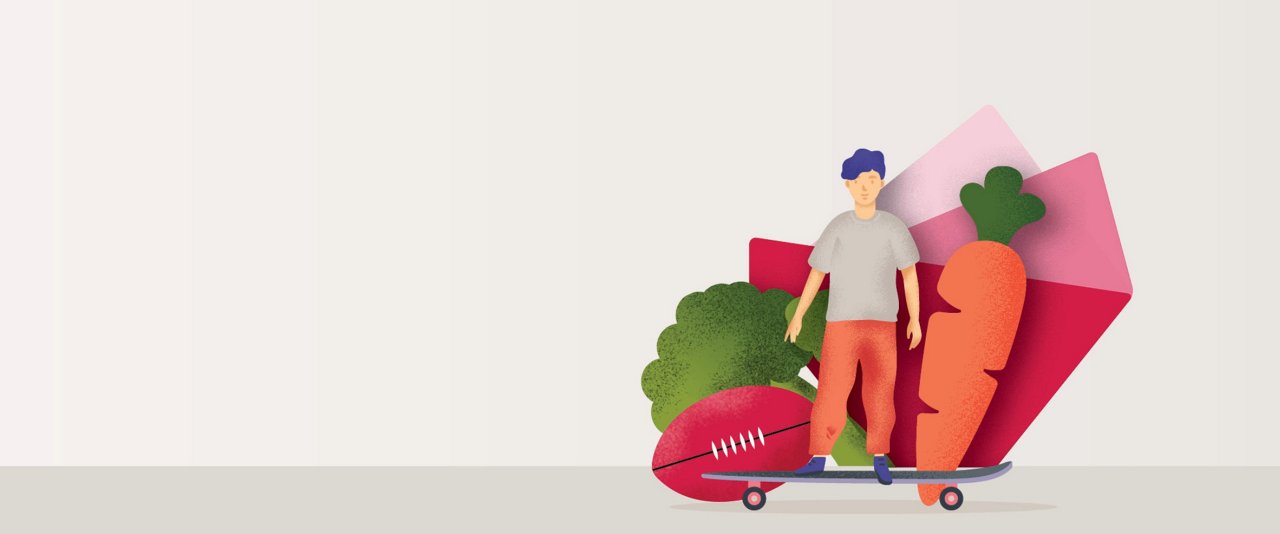 A man skateboards while balancing a large pile of fresh vegetables on his board, showcasing a unique blend of sport and health.