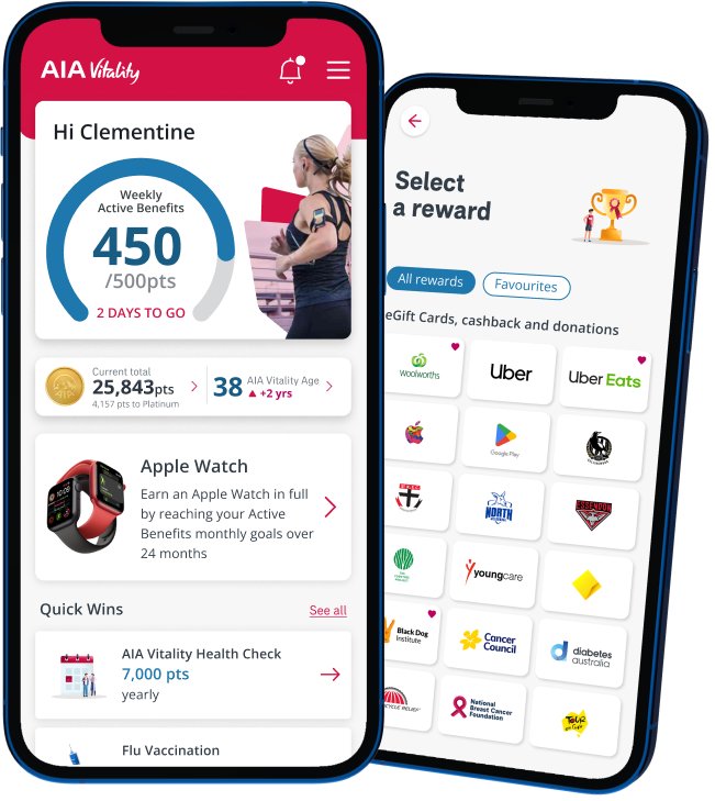 Two smart phones displaying AIA Vitality app features