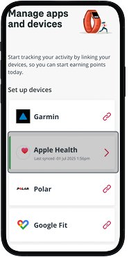 Manage apps and devices screen with Apple Health option highlighted