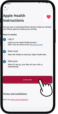Apple Health screen with 'Link Now' button highlighted