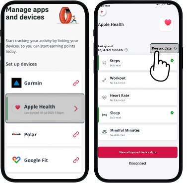 AIA Vitality screens: Apple Health with ‘Re-sync’ highlighted and Manage Apps showing Apple Health synced.