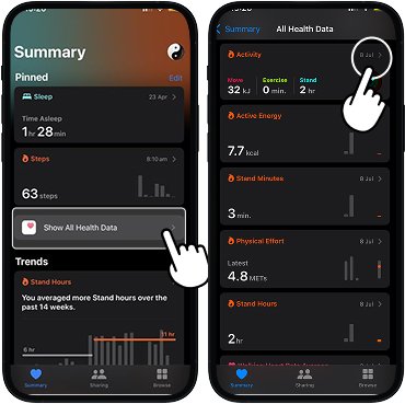 Apple Health summary screen with 'All Health Data' button highlighted, followed by all data view showing top-right option to view previous days' activities highlighted