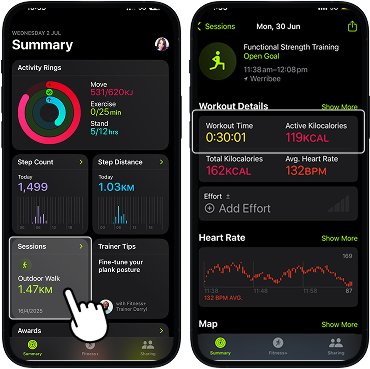 Apple Health summary screen with 'Sessions' highlighted, leading to detailed view of a recorded activity