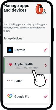 AIA Vitality app showing 'Manage Apps and Devices' screen with Apple Health highlighted