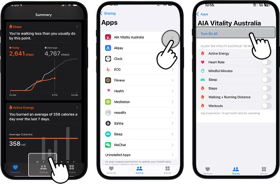 Apple Health summary screen with 'Sharing' tab highlighted, showing apps list with AIA Vitality selected and permissions screen open, with option to turn off all data sharing