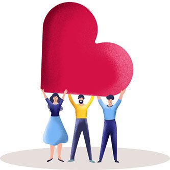 A diverse group of people joyfully holding up a large heart shape