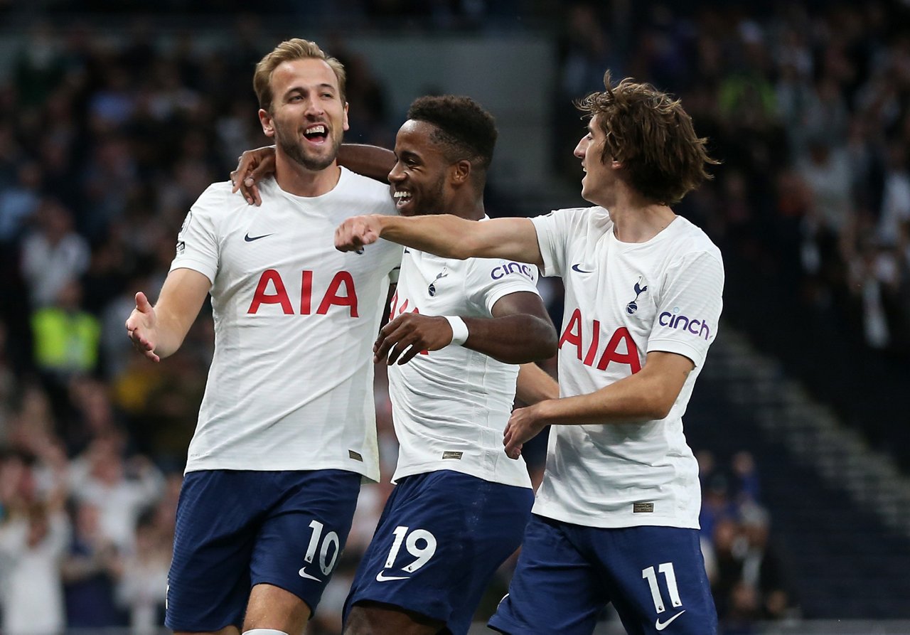 LONDON, ENGLAND - AUGUST 26: Harry Kane of Tottenham Hotspur  celebrates with Ryan Sessegnon and Bryan Gil after scoring their team's first goal  during the UEFA Conference League Play-Offs Leg Two match between Tottenham Hotspur and Pacos de Ferreira at  on August 26, 2021 in London, England. (Photo by Tottenham Hotspur FC/Tottenham Hotspur FC via Getty Images)