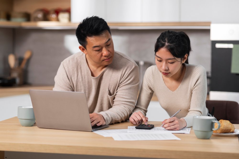 Couple reviewing documents and a tablet at home to understand the differences between critical illness insurance and medical insurance.