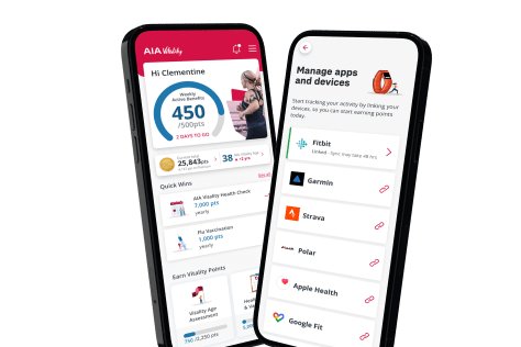 AIA Vitality app displays homescreen and manage apps and devices.