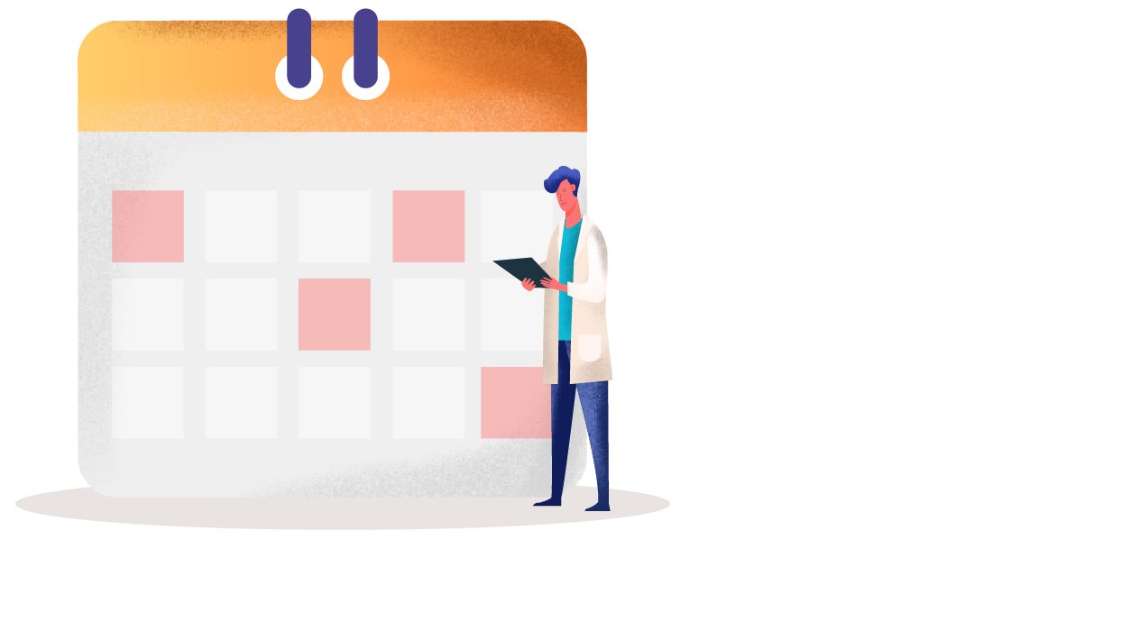 Doctor holding a clipboard standing in front of a calendar illustration.