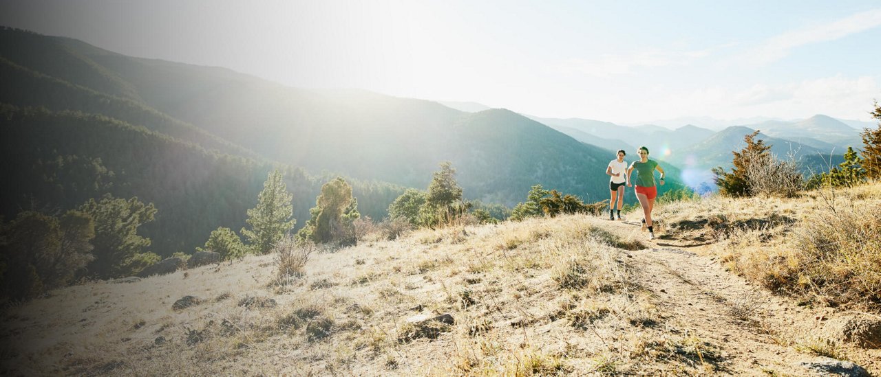 Two hikers navigate a mountain trail, surrounded by lush greenery and towering peaks in the background.