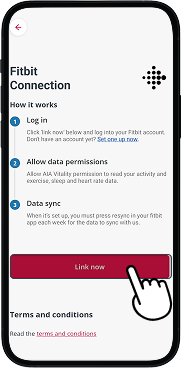 Fitbit connection screen with link now button highlighted