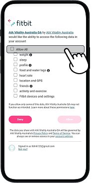 Fitbit app permission screen with Allow All checkbox highlighted to share data with AIA Vitality