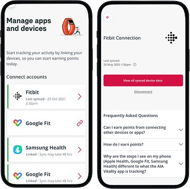 AIA Vitality manage apps screen showing Fitbit synced status, leading to Fitbit Connection page showing last synced date