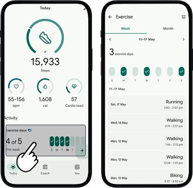 Fitbit app screen with Exercises button highlighted, leading to weekly and monthly activity list