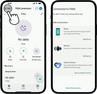 Fitbit app screen showing device icon highlighted, leading to list of connect to Fitbit screen to add a new device