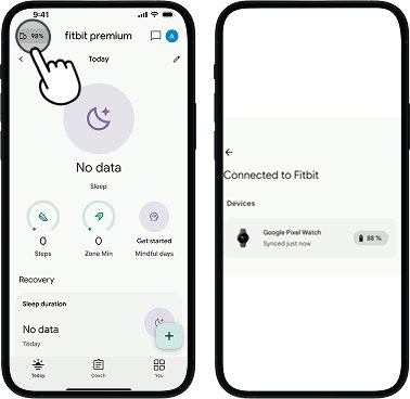 Fitbit app screen showing device icon highlighted, leading to list of connected Fitbit devices