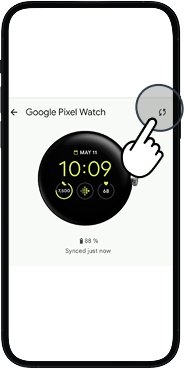 Fitbit device screen displaying top right sync button for manually syncing