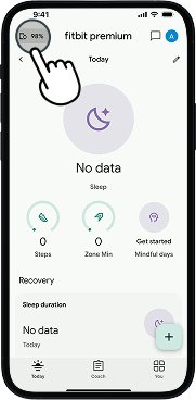 Fitbit app screen showing device icon highlighted, leading to connected devices screen showing device status