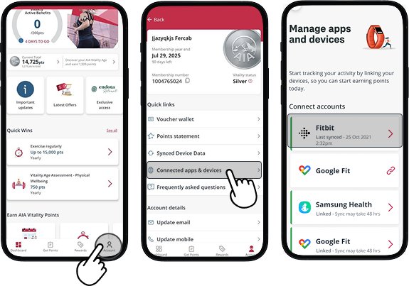 AIA Vitality app screen highlighting account, opening connected apps and devices and selecting Fitbit
