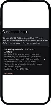Fitbit Connected Apps screen showing Vitality Australia app linked