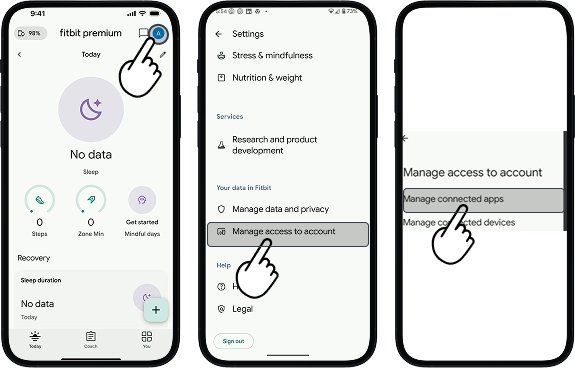 Fitbit app showing manage account icon, accessing Manage Access to account and opening manage connected app to check Vitality connection