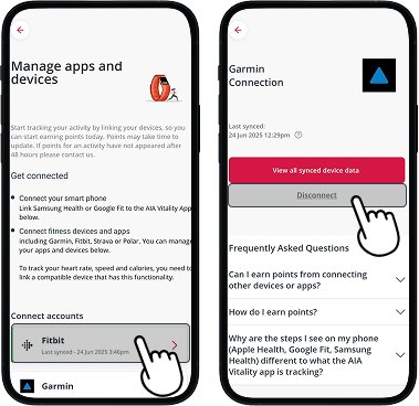 Vitality Manage Apps and devices screen with Fitbit app highlighted leading to Fitbit connection page with Disconnect button highlighted