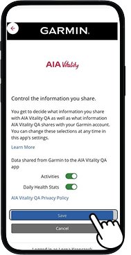 Garmin permission screens with permissions enabled, with save button highlighted to share data with AIA Vitality