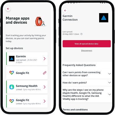 AIA Vitality manage apps screen showing Garmin synced status, leading to Garmin Connection page showing last synced date