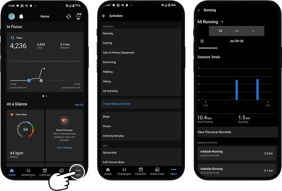 Garmin Connect app with 'More' button highlighted, leading to activity list and selected activity details