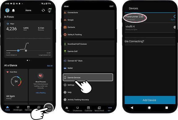 Garmin Connect app showing 'More' button selected, leading to 'Garmin Devices' and the connected devices screen