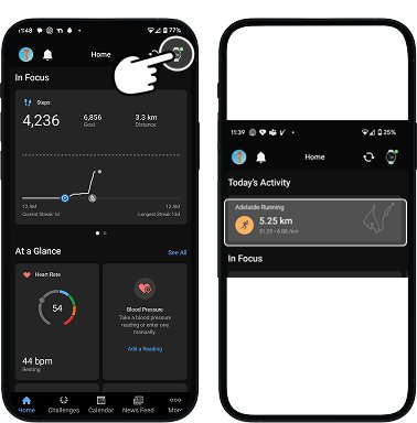 Garmin Connect app with device icon highlighted, leading to today's activity screen
