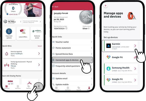 AIA Vitality app screen highlighting account, opening connected apps and devices and selecting Garmin
