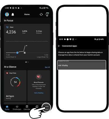 Garmin connect app screen showing the 'Connected Apps' section of the Garmin app, with AIA Vitality listed as a connected app