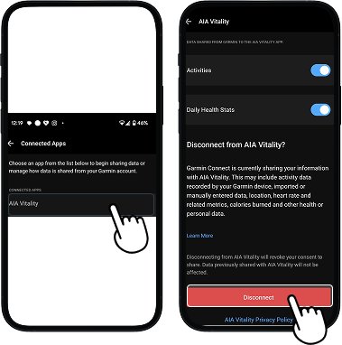 Garmin Connect app showing Connected Apps screen with AIA Vitality selected, leading to details screen with 'Disconnect' button highlighted