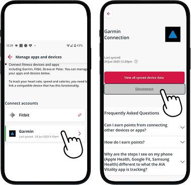 Vitality Manage Apps and devices screen with Garmin app highlighted leading to Garmin connection page with Disconnect button highlighted