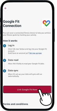 Google Fit connection screen with link now button highlighted