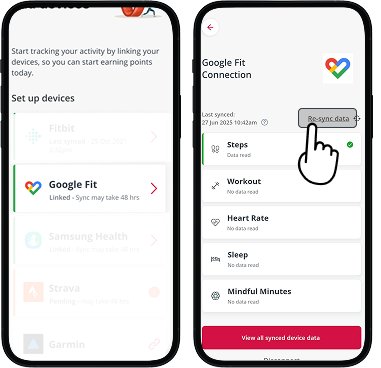 AIA Vitality manage apps screen showing Google Fit linked status, leading to Google Fit connection screen with re-sync button highlighted.