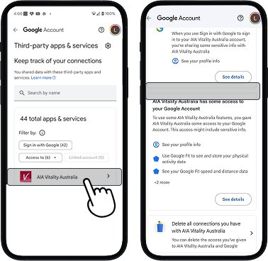Manage connected apps screen showing AIA Vitality Australia highlighted. AIA Vitality app details page displaying connection status