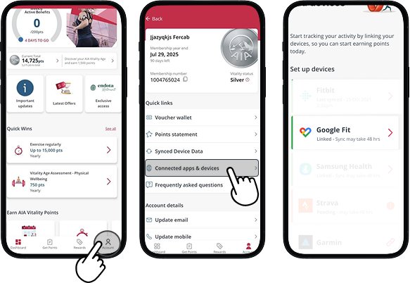 AIA Vitality app screen highlighting account, opening connected apps and devices and selecting Google Fit