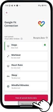 AIA Vitality app Google Fit screen with Disconnect button highlighted at the bottom